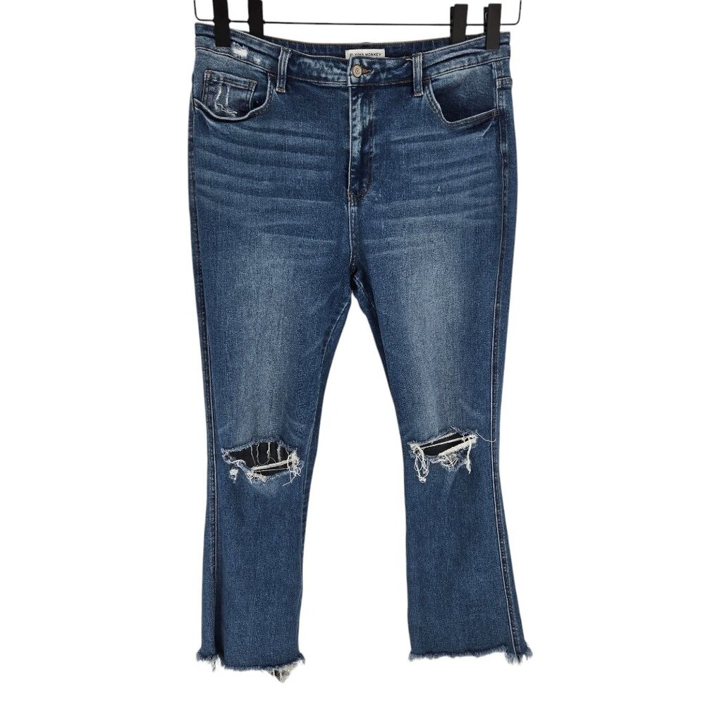 Flying monkey womens 36 high rise boot distressed medium wash blue denim jeans